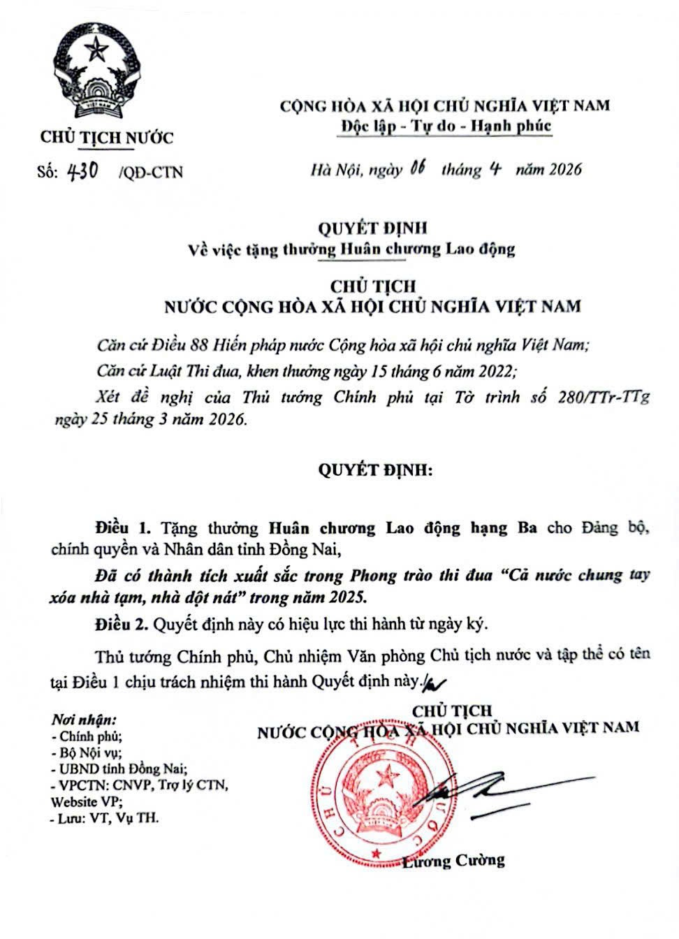 Đảng bộ, chính quyền, nhân dân tỉnh Đồng Nai được tặng Huân chương Lao động hạng Ba trong Phong trào xóa nhà tạm, nhà dột nát năm 2025